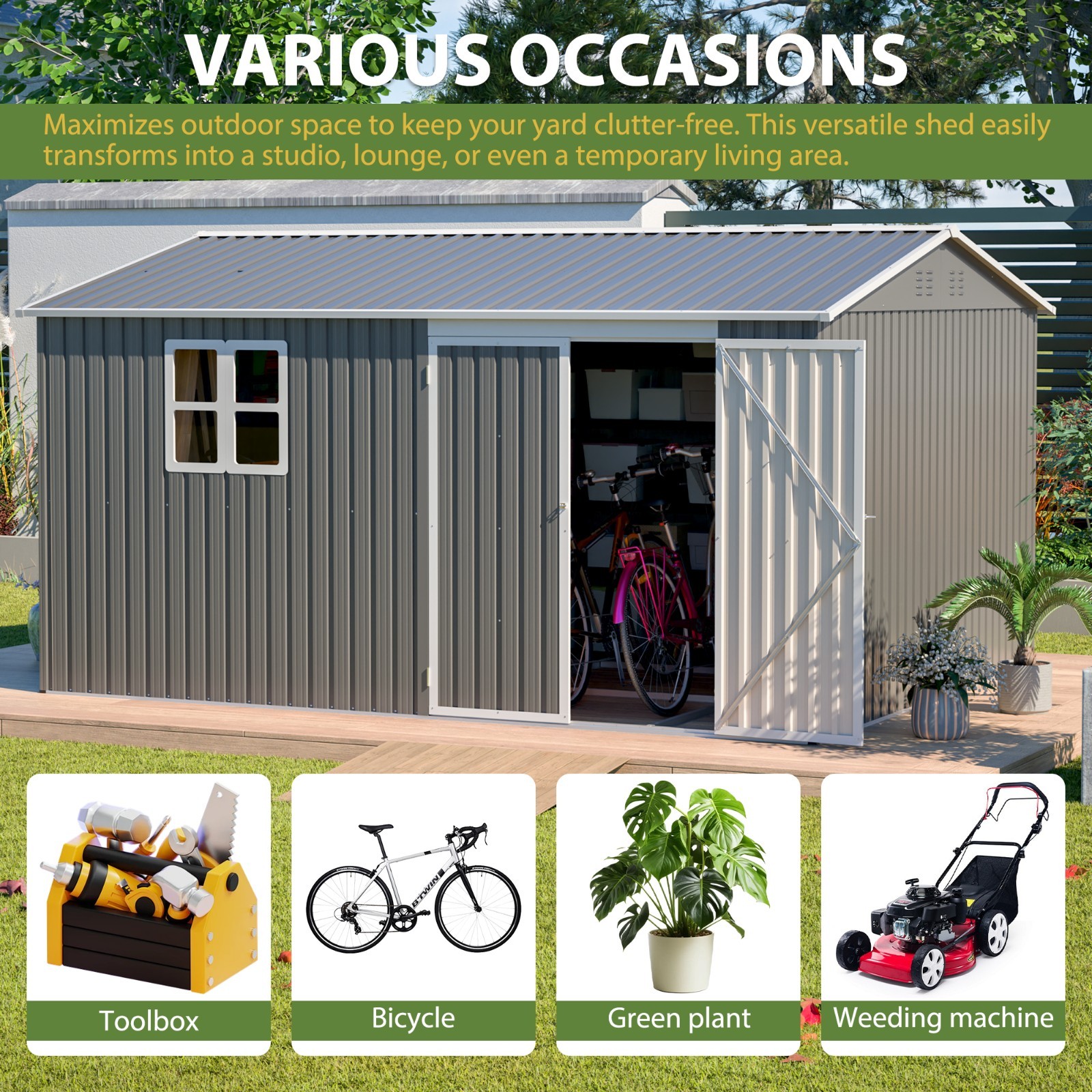 12'x10' Metal Outdoor Storage Shed Heavy Duty Garden Shed w/ Floor Kit & Window