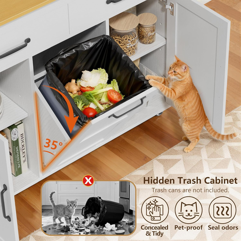 Rolling Kitchen Island Cart with Trash Can, Drop Leaf & Storage - White