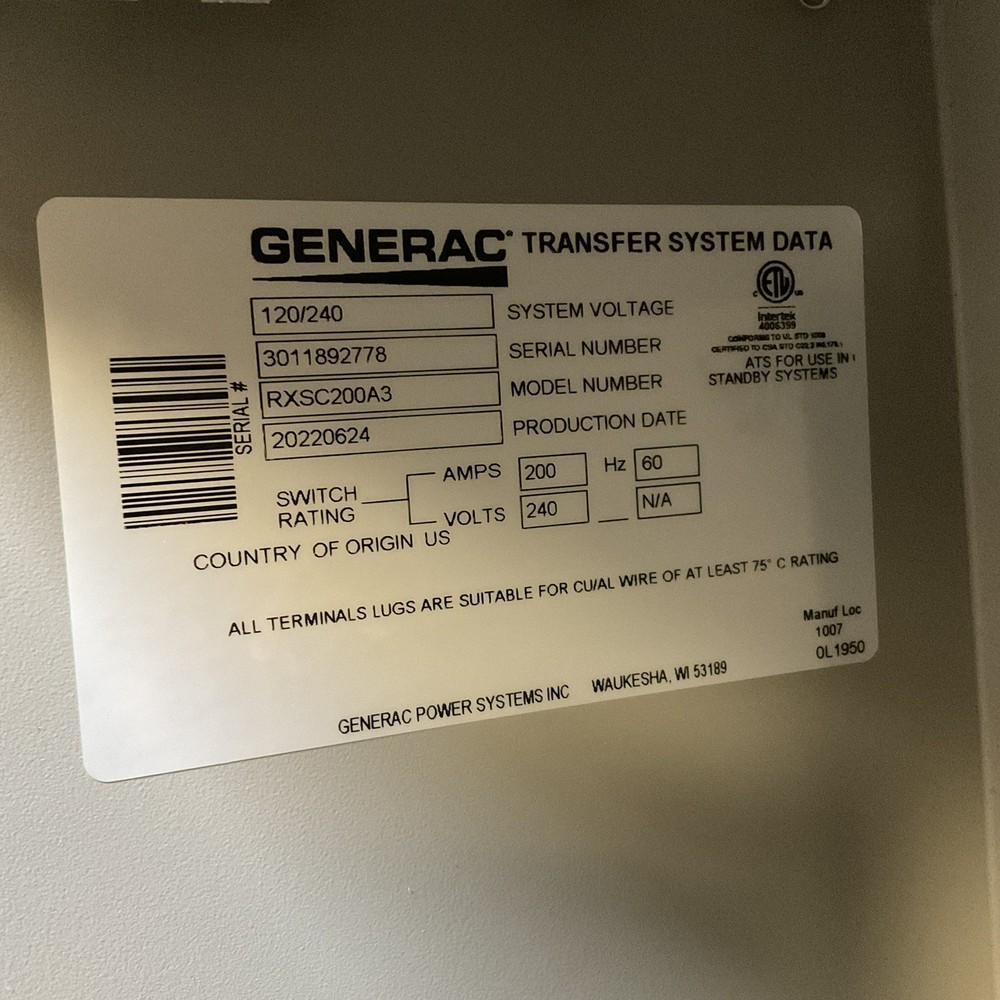 GENERAC RXSC200A3 Automatic Transfer Switch 200A 120/240V
