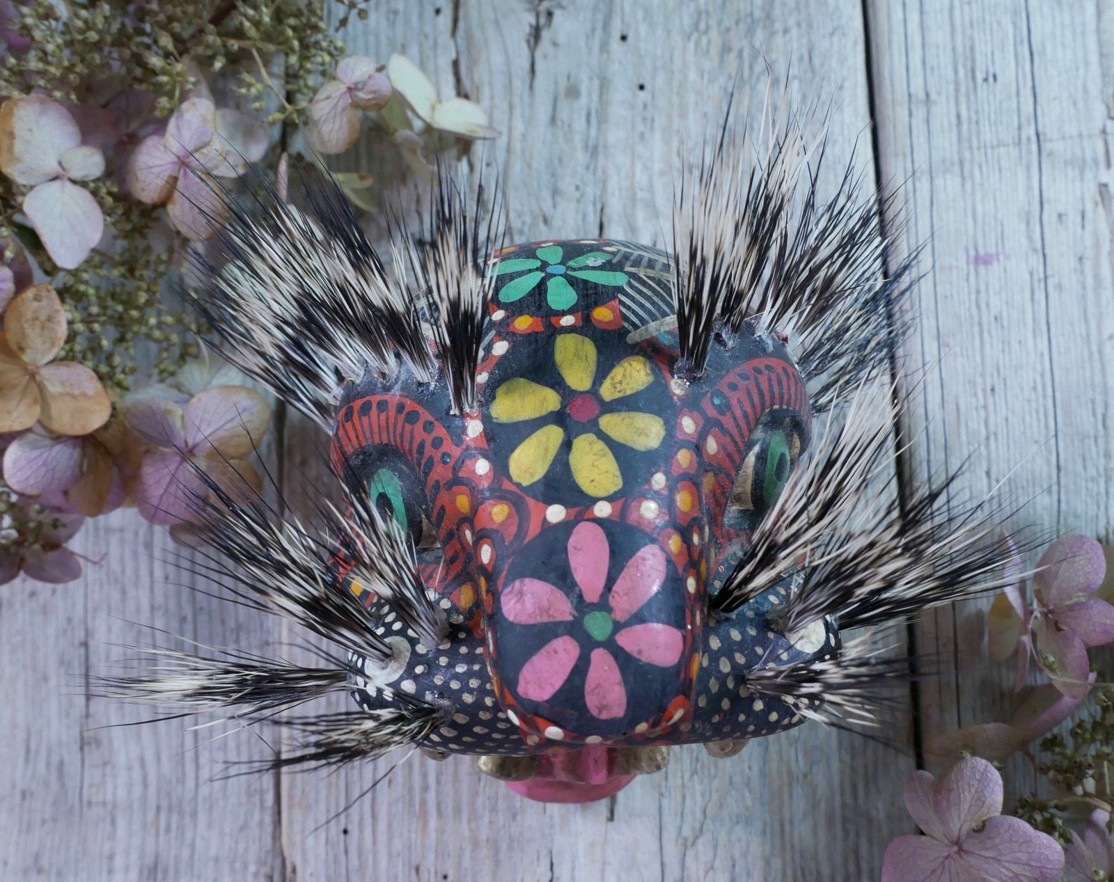 Leopard Jaguar Mask Wood & Boar Hair Whiskers Handmade Nahua Mexican Folk Art Sm