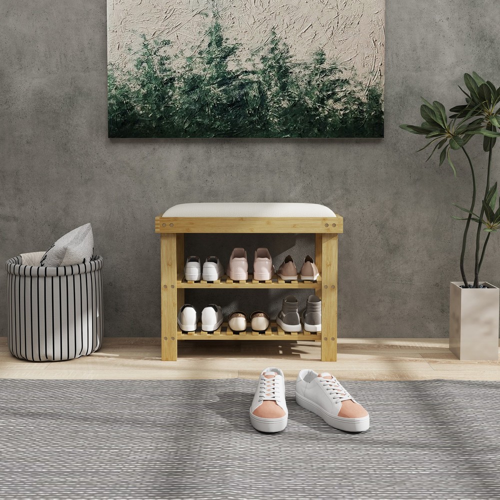 Entryway Shoe Rack Bench Bamboo Material with Seat