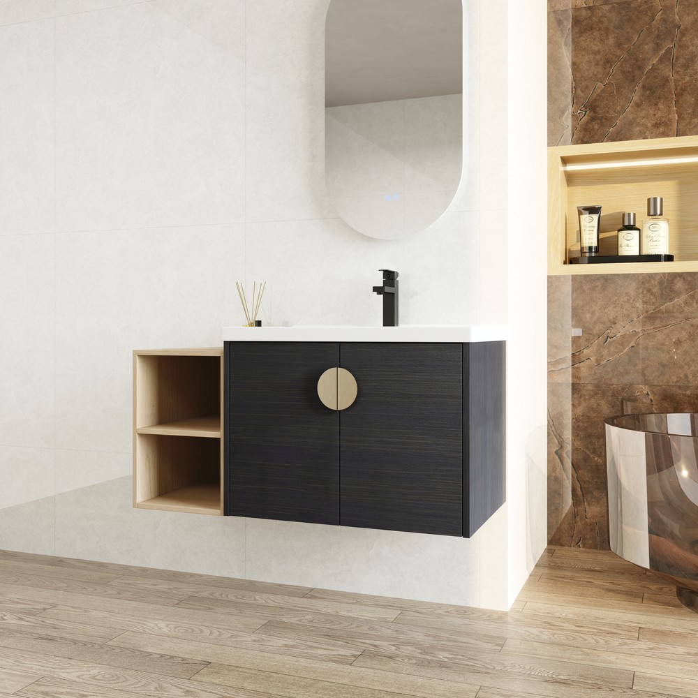 40" Floating Wall Mount Bathroom Vanity Cabinet +Ceramic Basin +Storage Shelves
