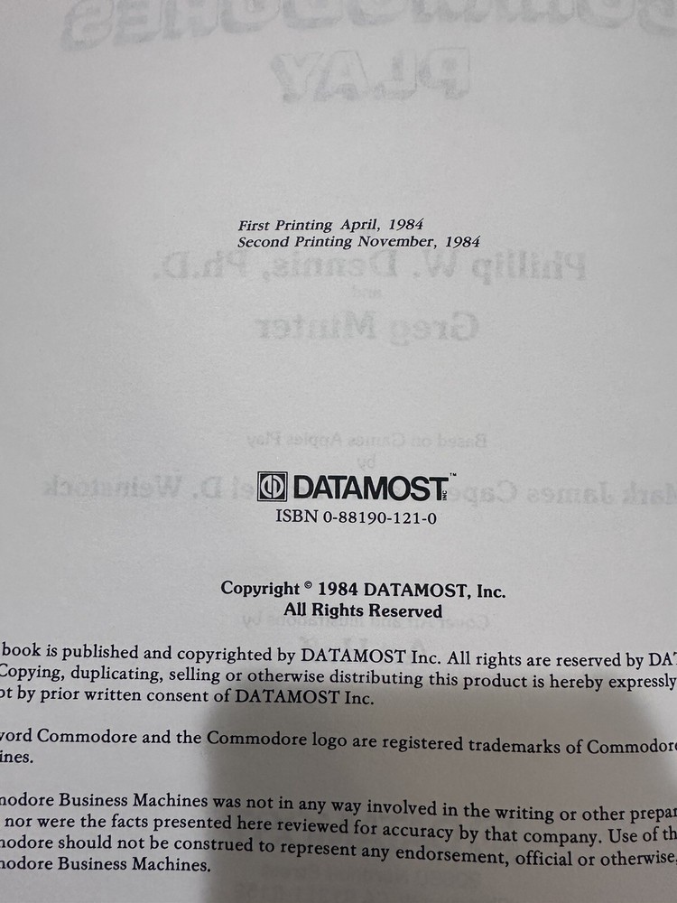 Games Commodore Play By Philip W Dennis & Datamost Inc 1984