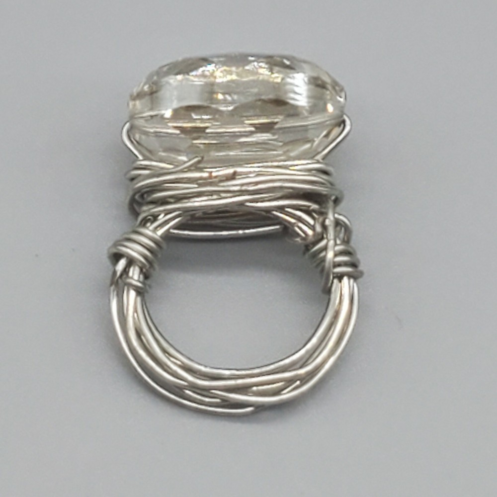 Wire Wrapped Rhinestone Ring Size 4 Silver Tone Handmade Clear Rough Cut