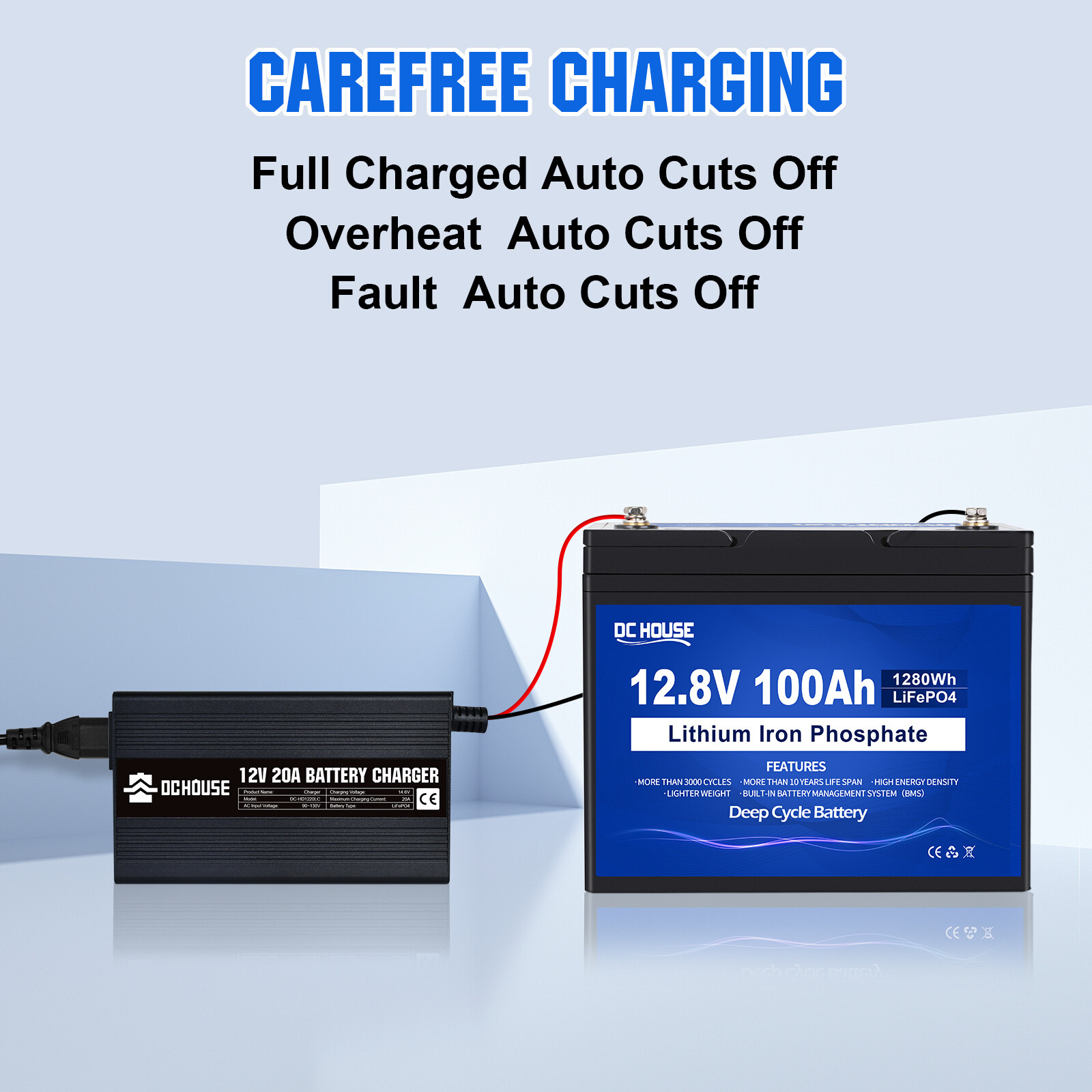 20-Amp 20A Smart Charger for Lithium Iron Phosphate (LiFePO4) Battery 12V 14.6V