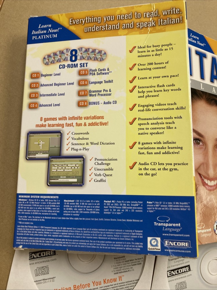 Transparent Language Learn Italian Platinum 8 + 1 CD-ROMs EUC 2004