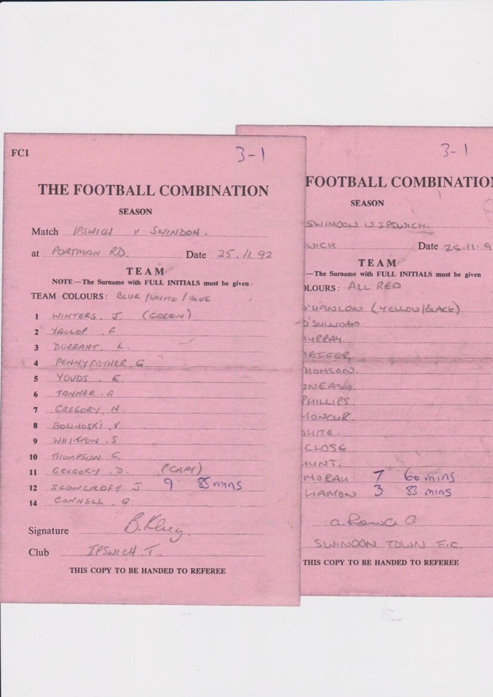 Ipswich Programmes, Official hand Teamsheets with Referee Appointment Letter