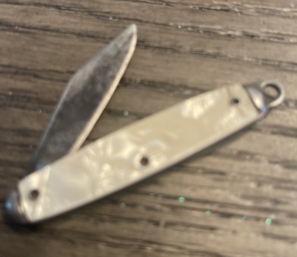 Vintage Silver St. Christopher Protect Us Pocket Knife Shell Pearl Handle