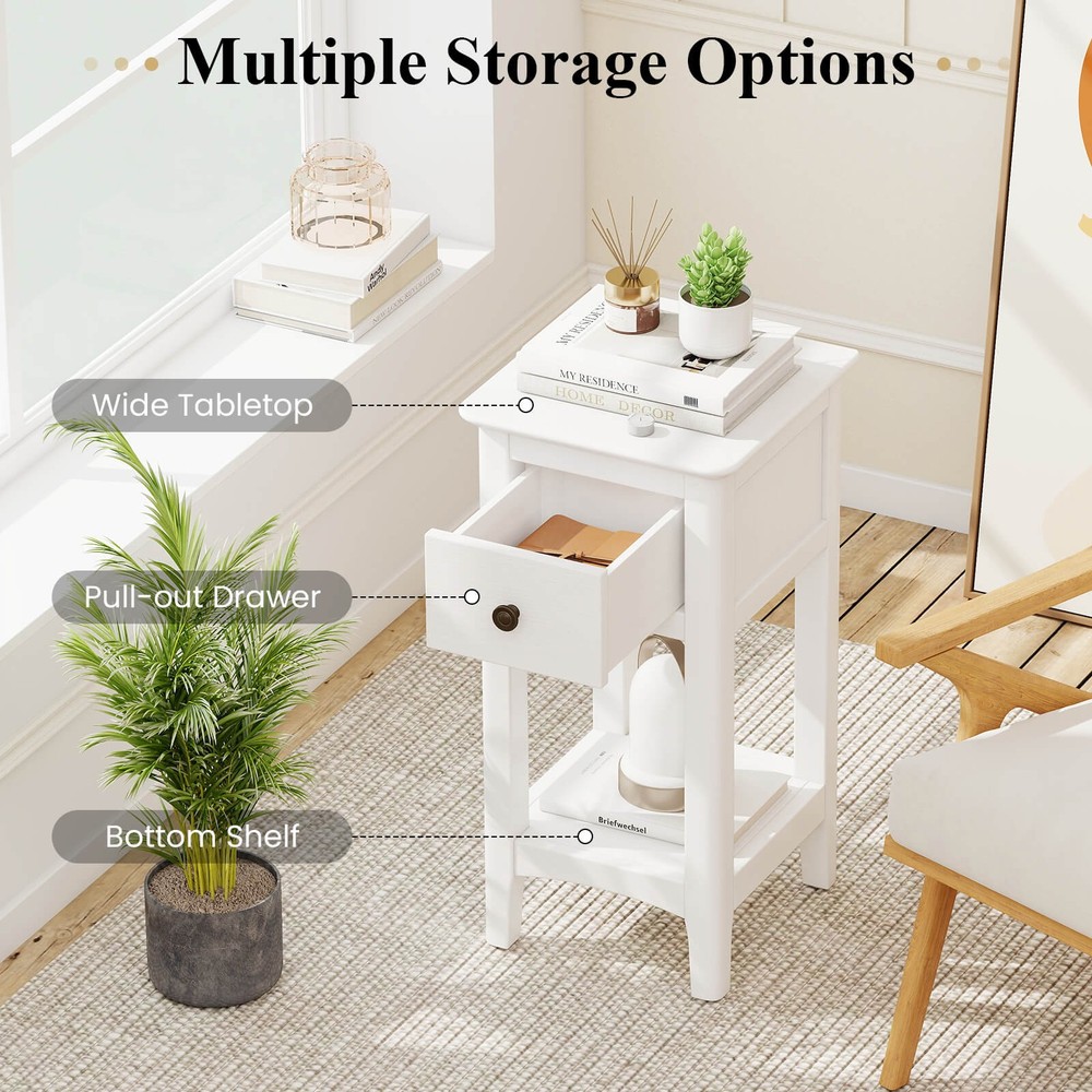 2PCS Nightstand 3-Tier Bedside Table w/ Open Storage Shelf & Narrow Side Table