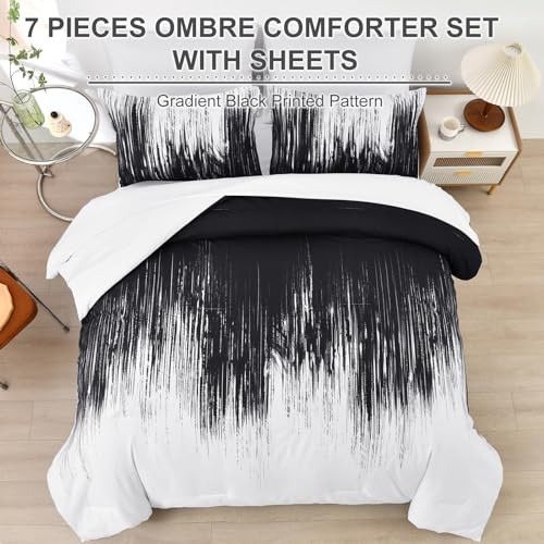 Ombre Black Comforter Set Size Gradient Boho Bedding Set for King Black White
