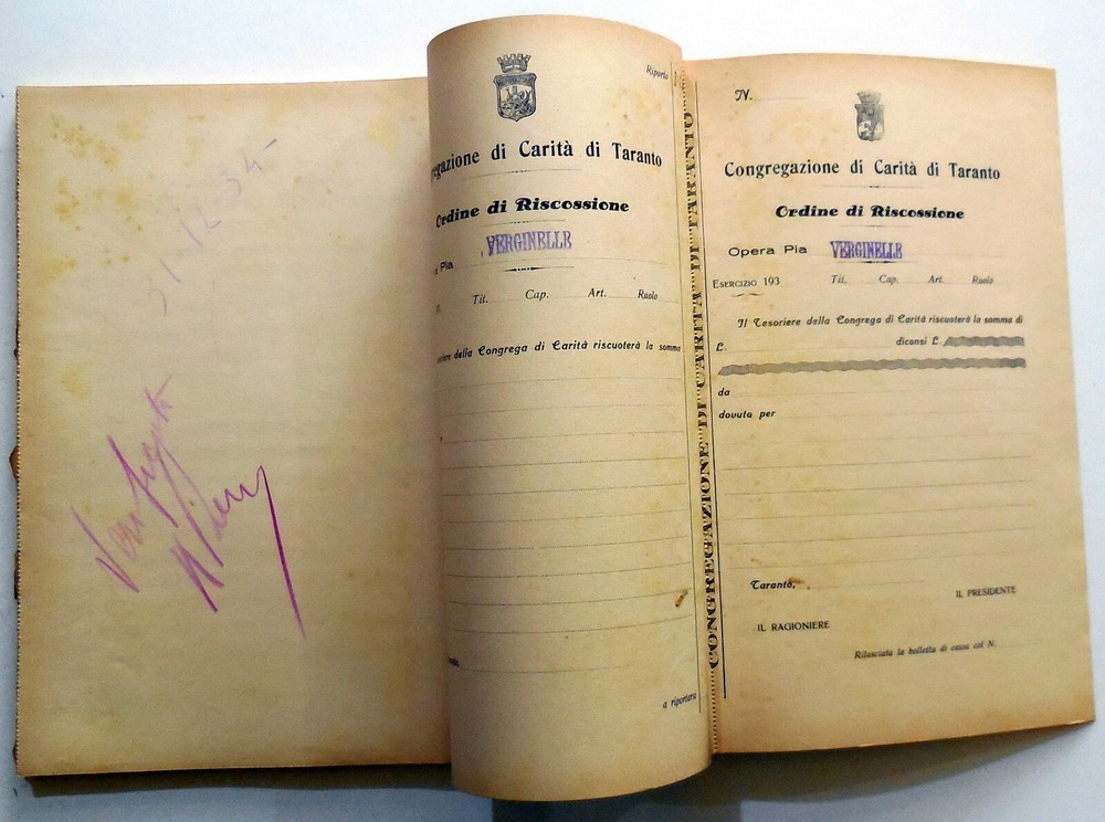 DOCUMENTS REGISTER CONGREGATION CARITA TARANTO VIRGIN COLLECTION 1934