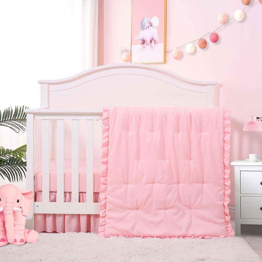 Cloele 3 Pieces Crib Bedding Set for Girls- Solid Ruffle Quilted Includes Comfor