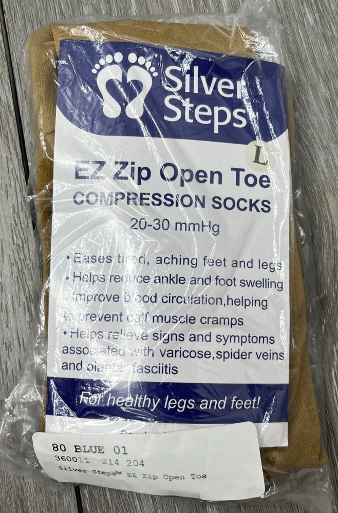 Silver Steps EZ Zip Open Toe Compression Socks 20-30mmHg, Beige Size L