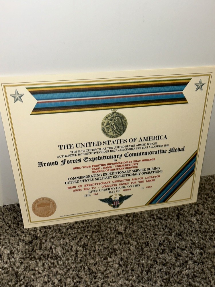 ARMED FORCES EXPEDITIONARY MEDAL COMMEMORATIVE CERTIFICATE ~ W/PRINTING TYPE-1