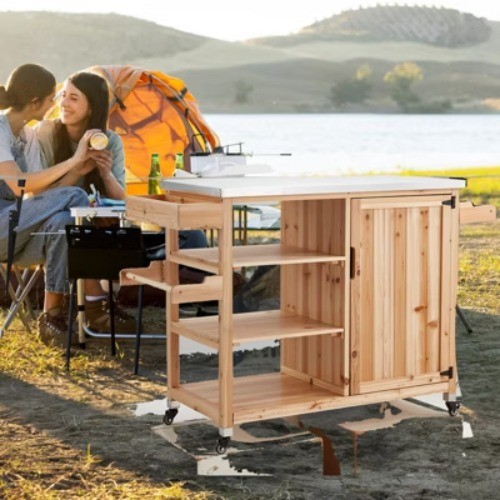 HOMMOW Outdoor Kitchen Island,Versatile Solid Wood Movable Patio Table