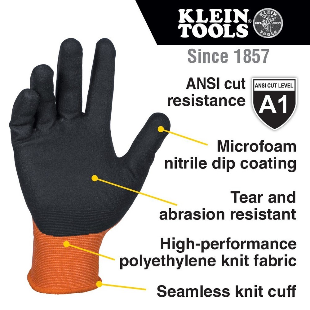 Klein Tools 60672 Knit Dipped Gloves, Cut Level A1, Touchscreen, Large, 1-Pair