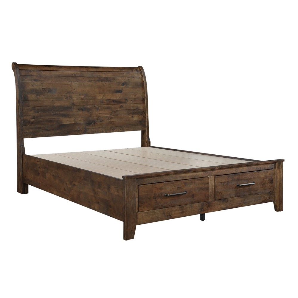 4 PC RUSTIC PLANK SOLID WOOD BURNISHED BROWN KING BED STORAGE DRAWERS FURNITURE