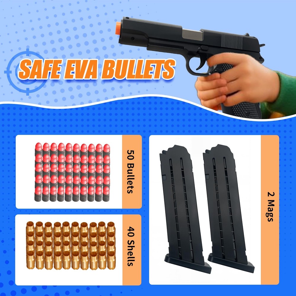 Toy Blaster for Kids with Shell Ejection - 40 Shells, 50 Foam Bullets 2 Mags...