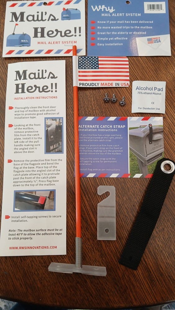 Mail's Here!! Mailbox Flag Alert System, Easy Install, Plastic & Metal Kit