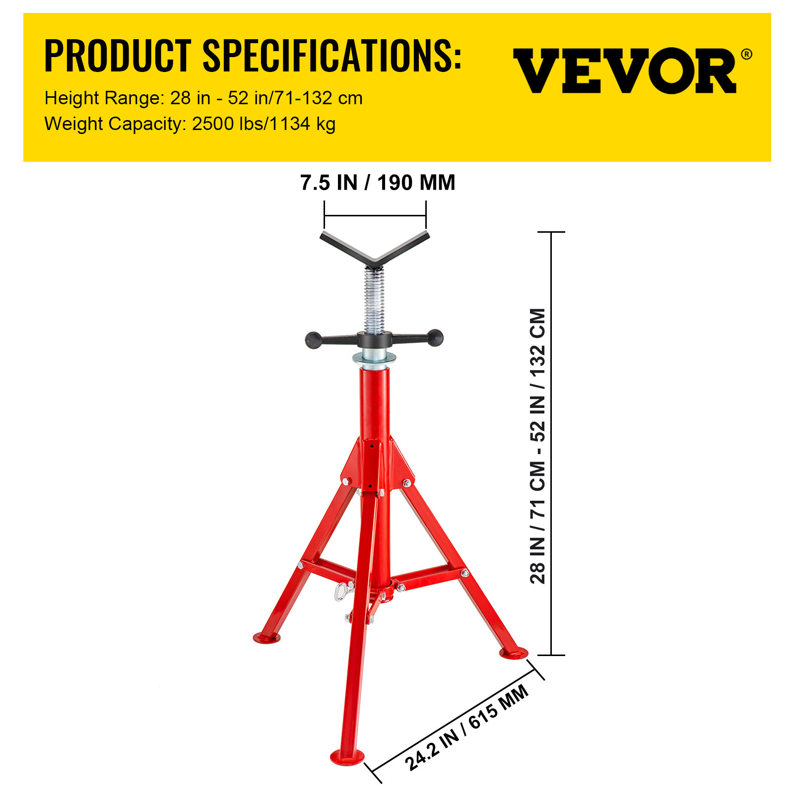 VEVOR V-Head Pipe Stand Folding Tripod Jack 28"-52" Height 12" Pipe 2500Lb Steel
