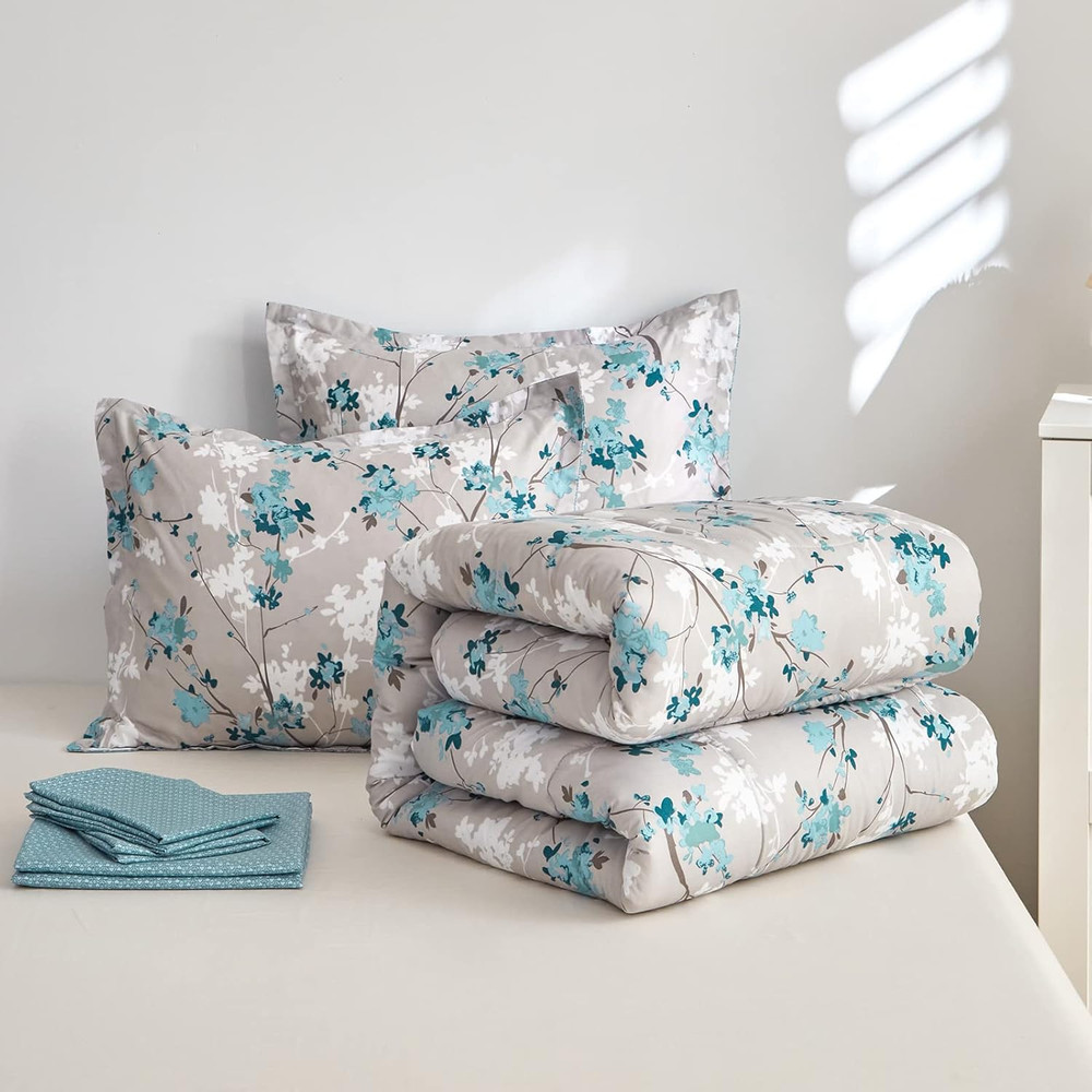 King Size 7-Piece Aqua Grey Botanical Comforter Bedding Set