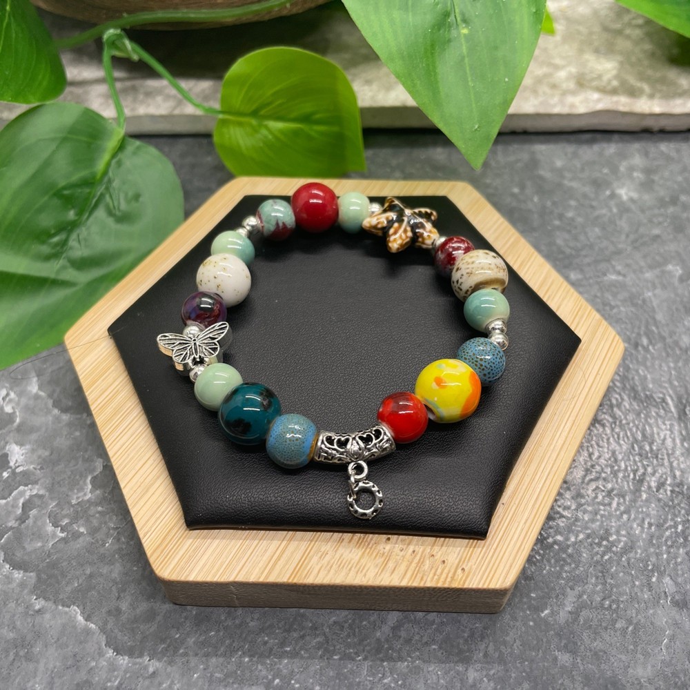 Handmade Ceramic Bead Beaded Stackable 6.25” Plus Stretch Bracelet New B495