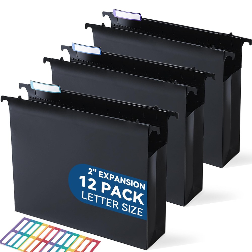 12 Pack 2 inch Plastic Extra Capacity Hanging File Folders 1/5-Cut Tabs