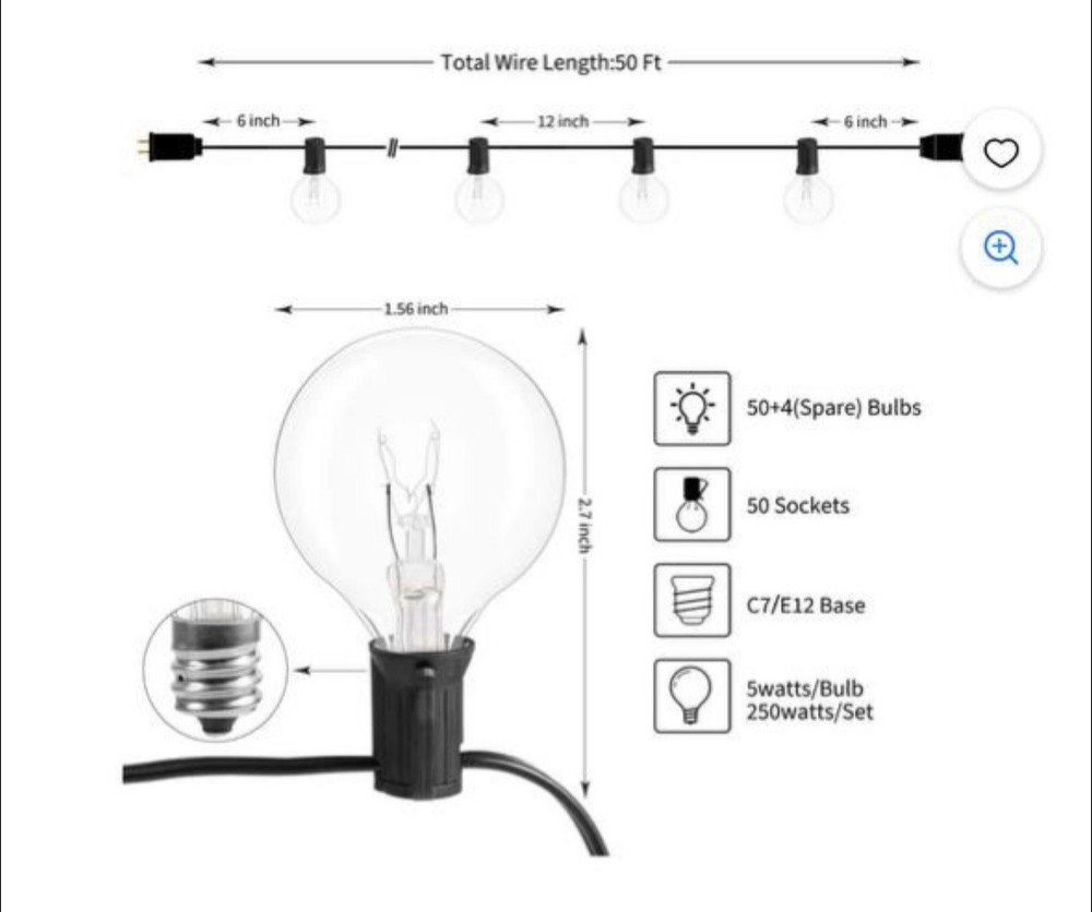 Globe String Lights, 50Ft G40 Outdoor String Lights with 50 Pcs 5W Clear Bulbs