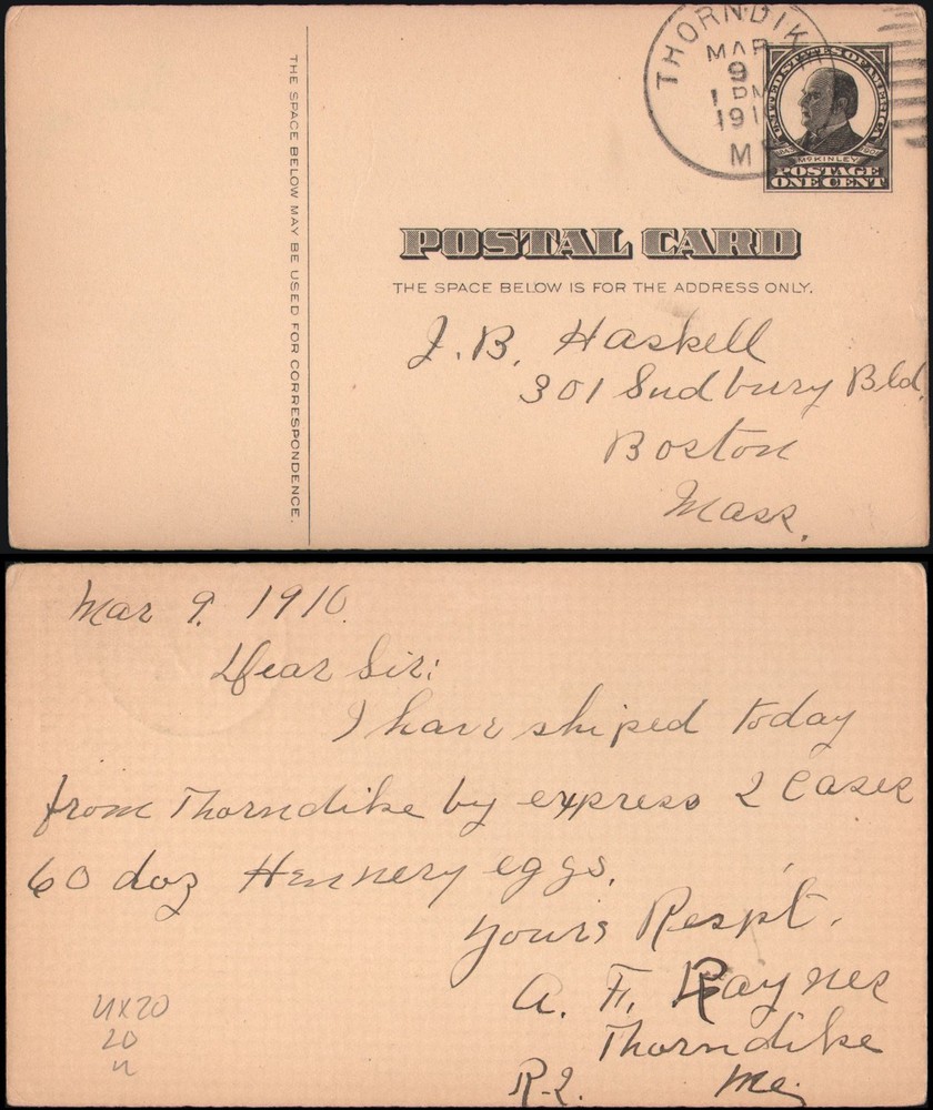 US #UX20 Thorndike ME, 1910