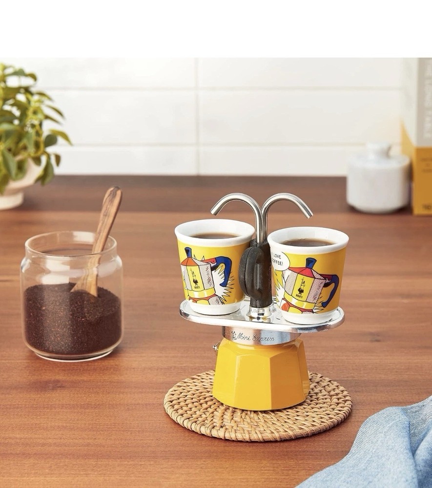 Bialetti Mini Express Lichtenstein Moka Set Coffee Maker 2-Cup 2 shot glasses