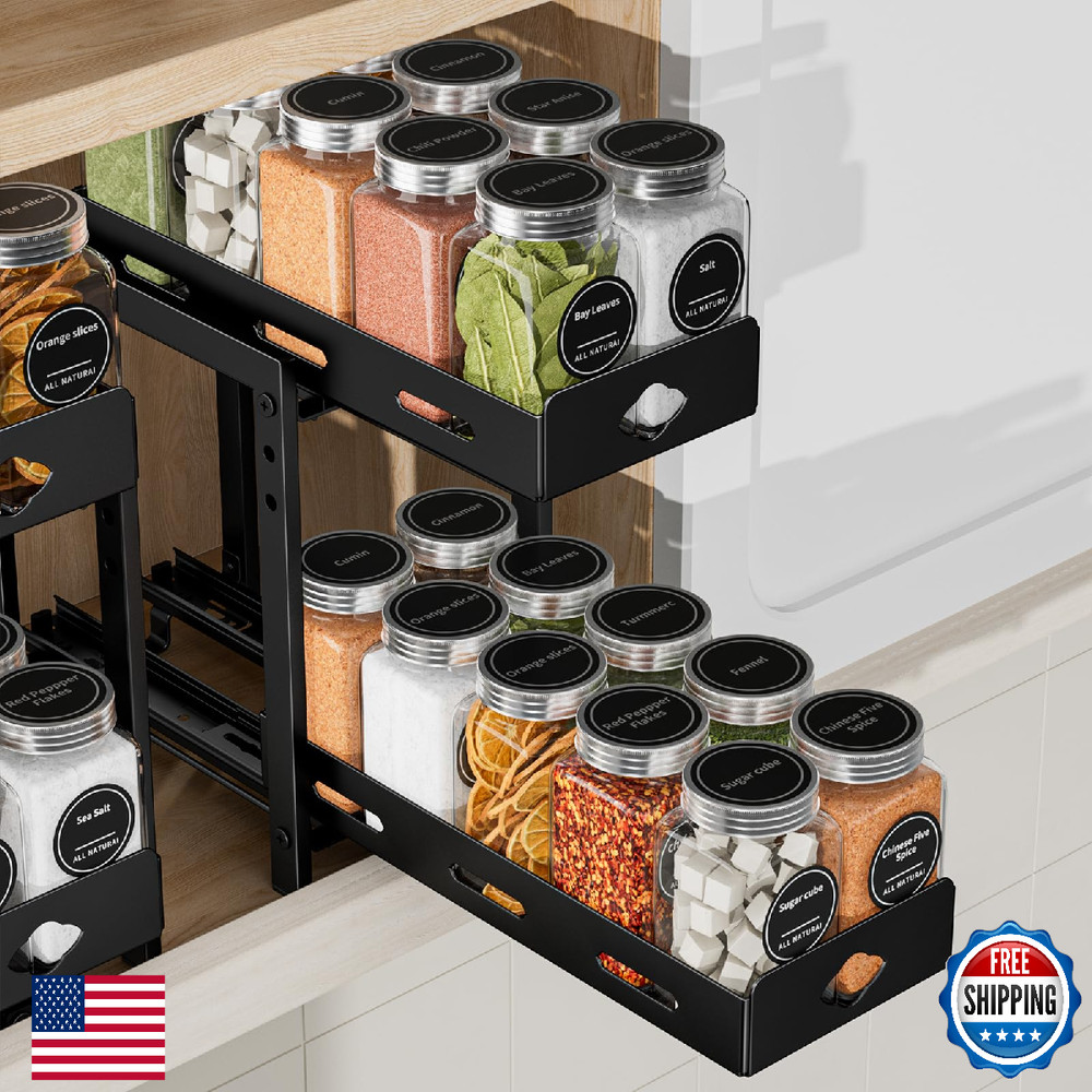 BOIVSHI Pull Out Spice Rack Organizer 2-Tier Vertical Adjustable Metal Black
