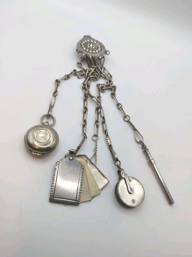 Antique Silver Plated Chatelaine With Original Attatchments Vintage Accessory