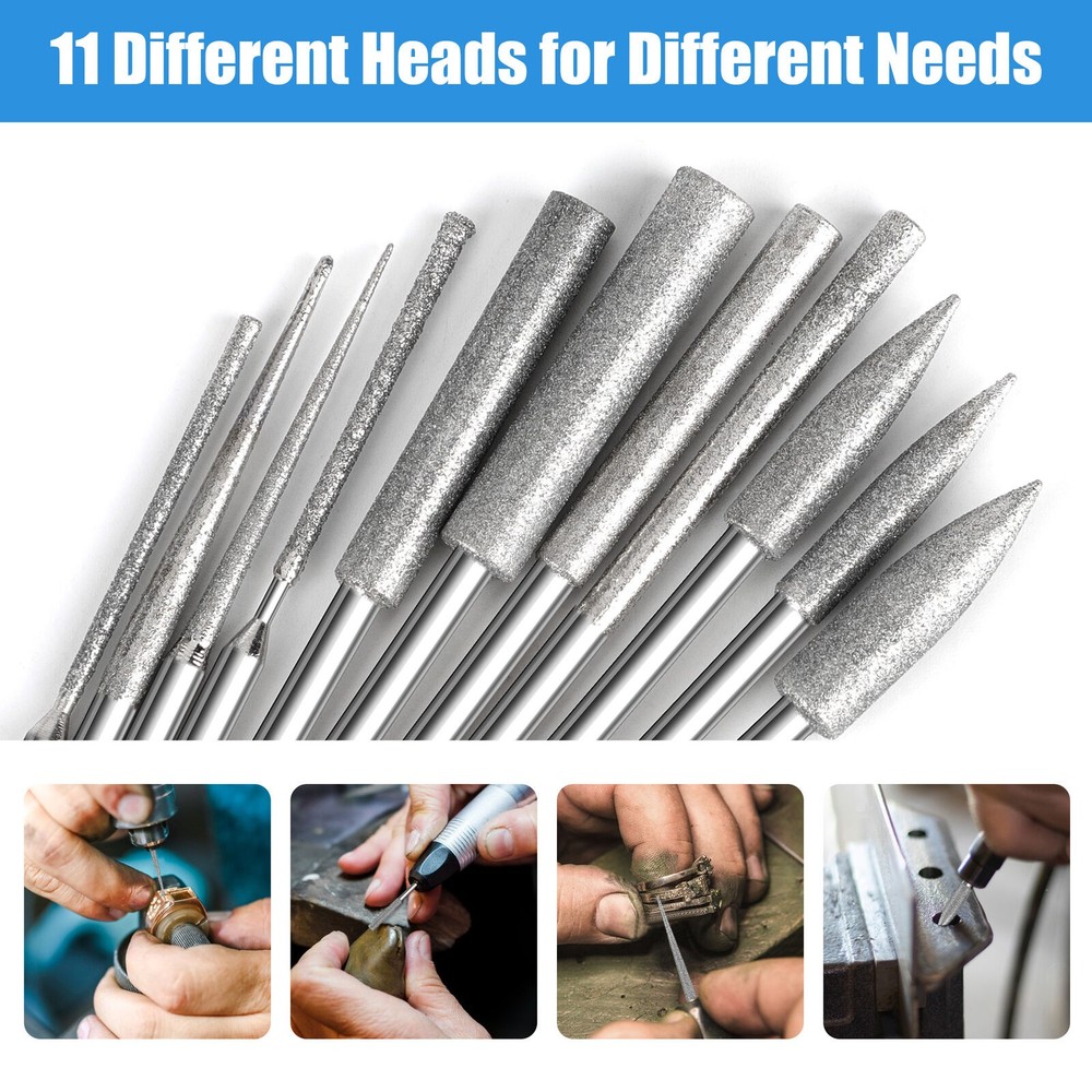 11PCS/Set 1/8" Shank Diamond Burr Bits Grinding Rotary Tools Accessories