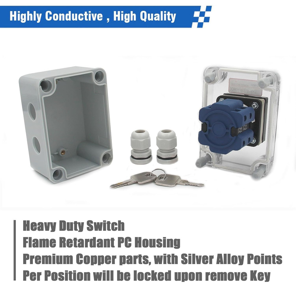 20A Rotary Changeover Switch with Key Lock, 660V 3 Position 2 Phase 8 Terminals,