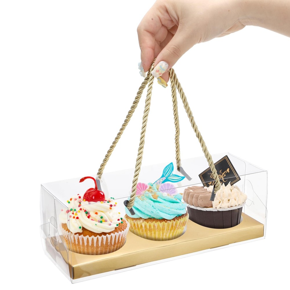 24 PCS Clear Cupcake Boxes With Handle 3Count Plastic Containers 9x3x3 In