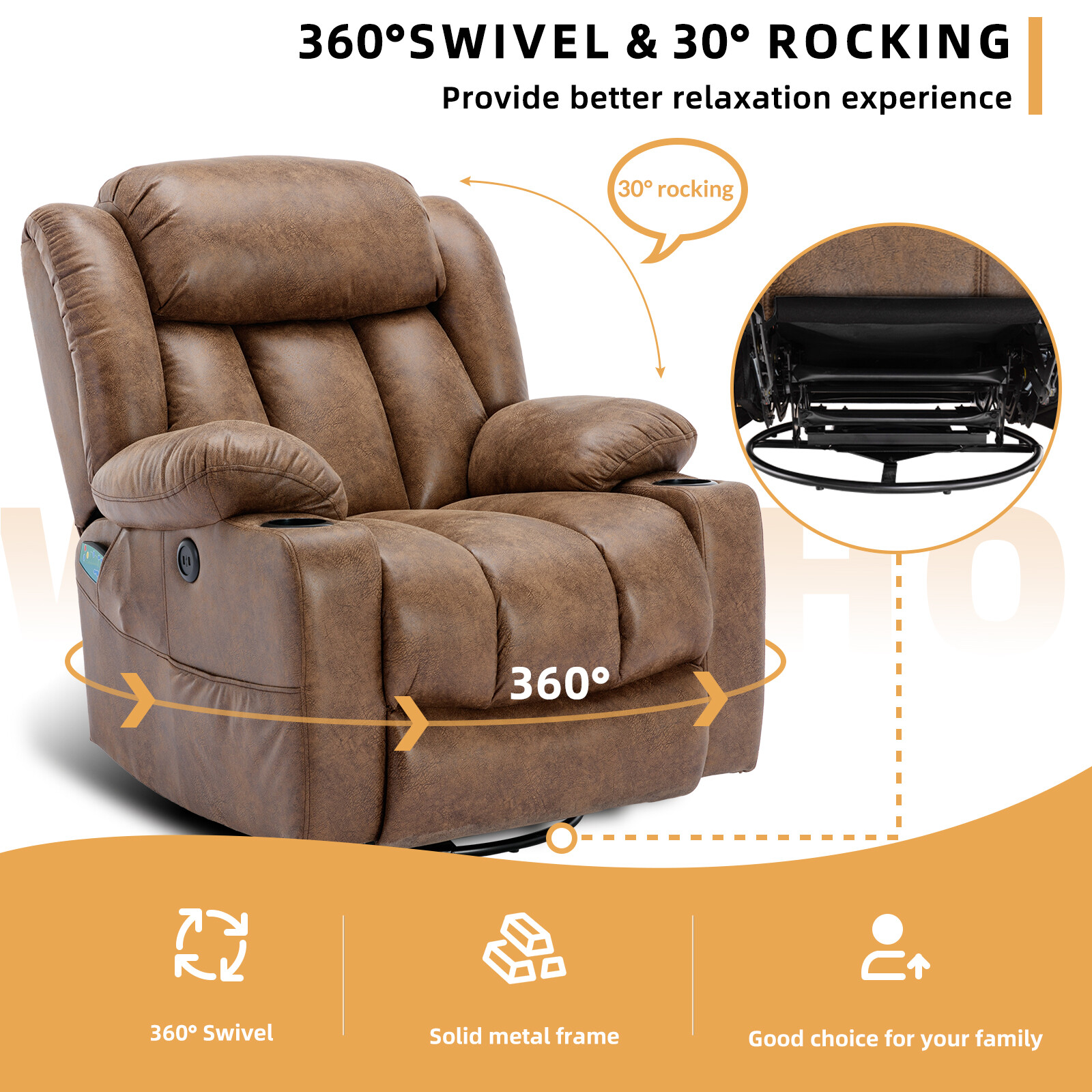360° Swivel Overstuffed Manual Massage Glider Recliner with Heat and Vibration