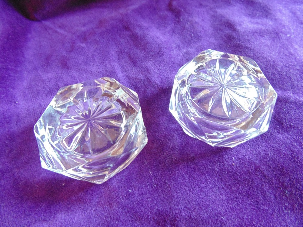2 lot Antique Crystal Open Salt Cellars, Dips, Dishes-Round Hexagonal Starburst