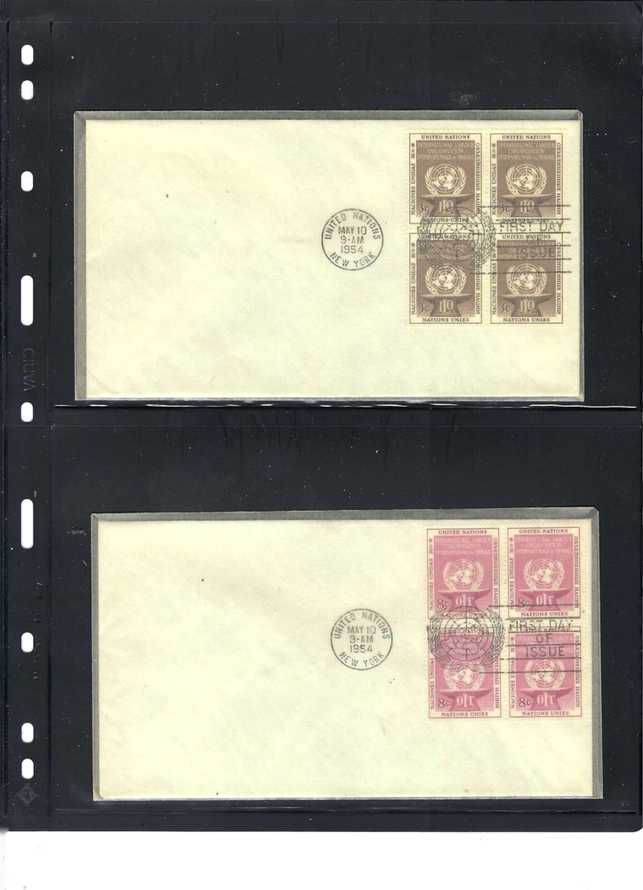 1954 INTERNATIONAL LABOR Block's/4 FDC's (Scott #25/26) - NO CACHET (279A)