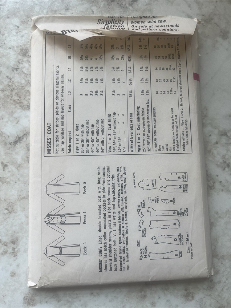 1965 vintage Simplicity sewing pattern- double breasted coat - size 12 bust 32