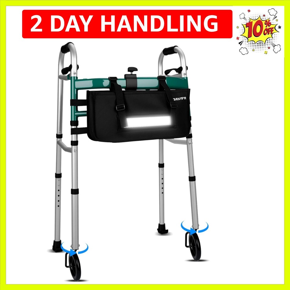 Foldable Walker with 360° Swivel Wheels & Motion Sensor Light, Lightweight Ad...
