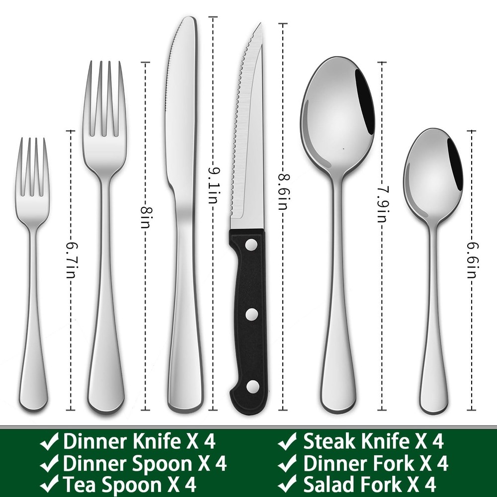 24-Piece Silverware Set with Steak Knives,Flatware 24-Pieces, Silver