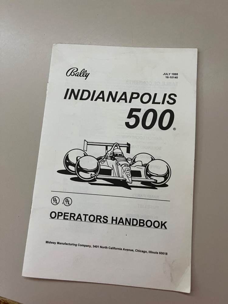 Indianapolis 500 Pinball Operator Handbook