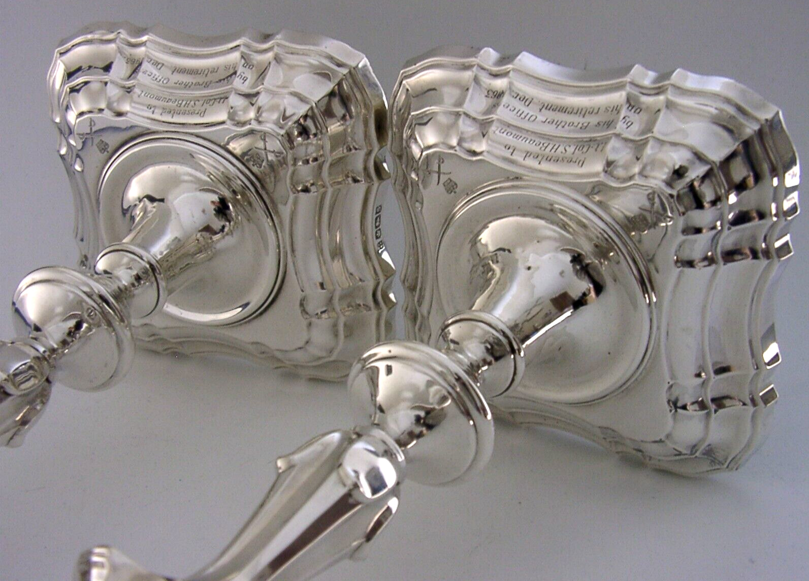 LARGE 9.5 inch ANTIQUE STERLING SILVER MILITARY CANDLESTICKS 1910 APTC 1260g