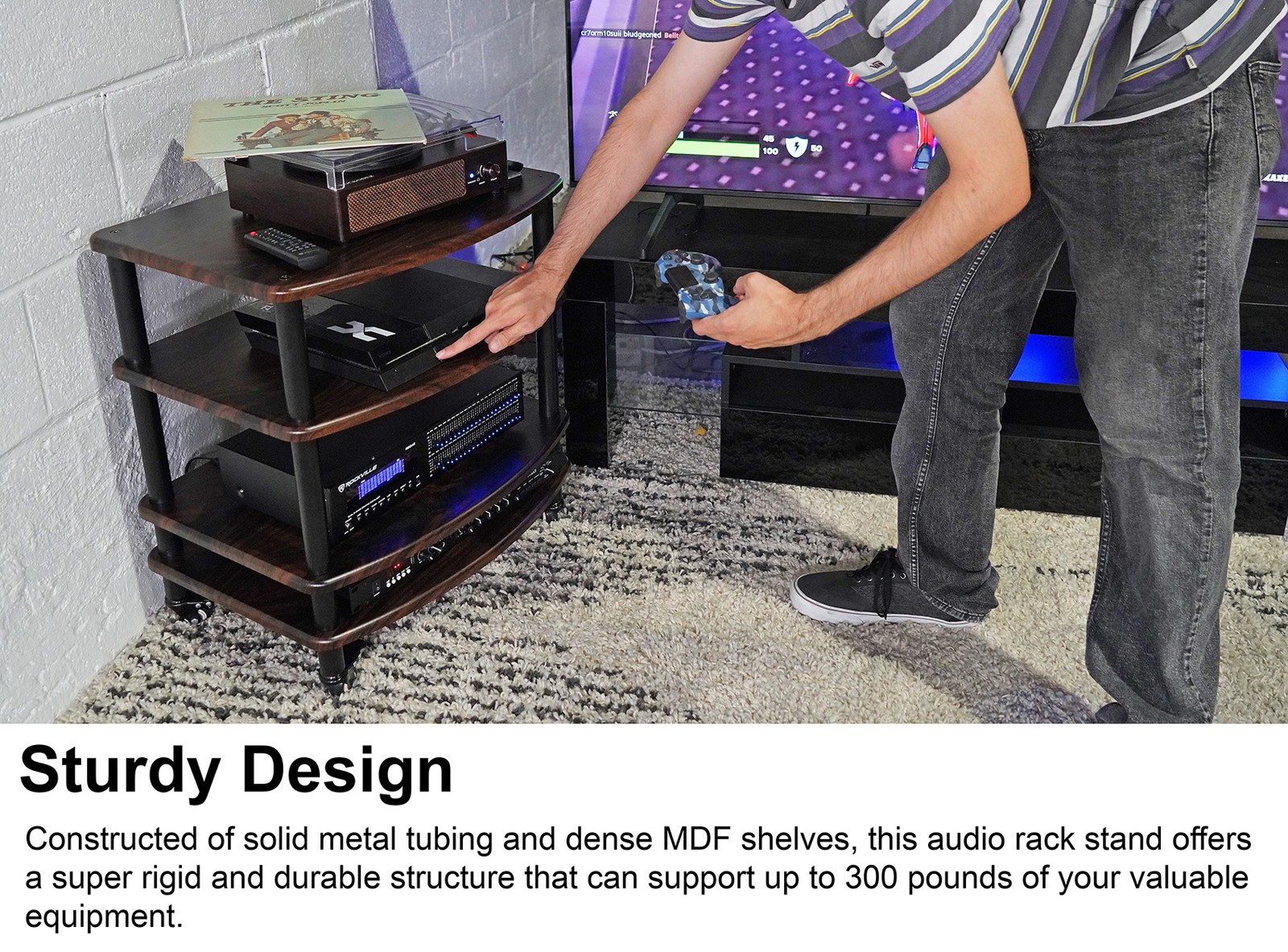 Rockville FLX Dark Wood Adjustable Height 4 Shelf Home Theater Audio Rack Stand