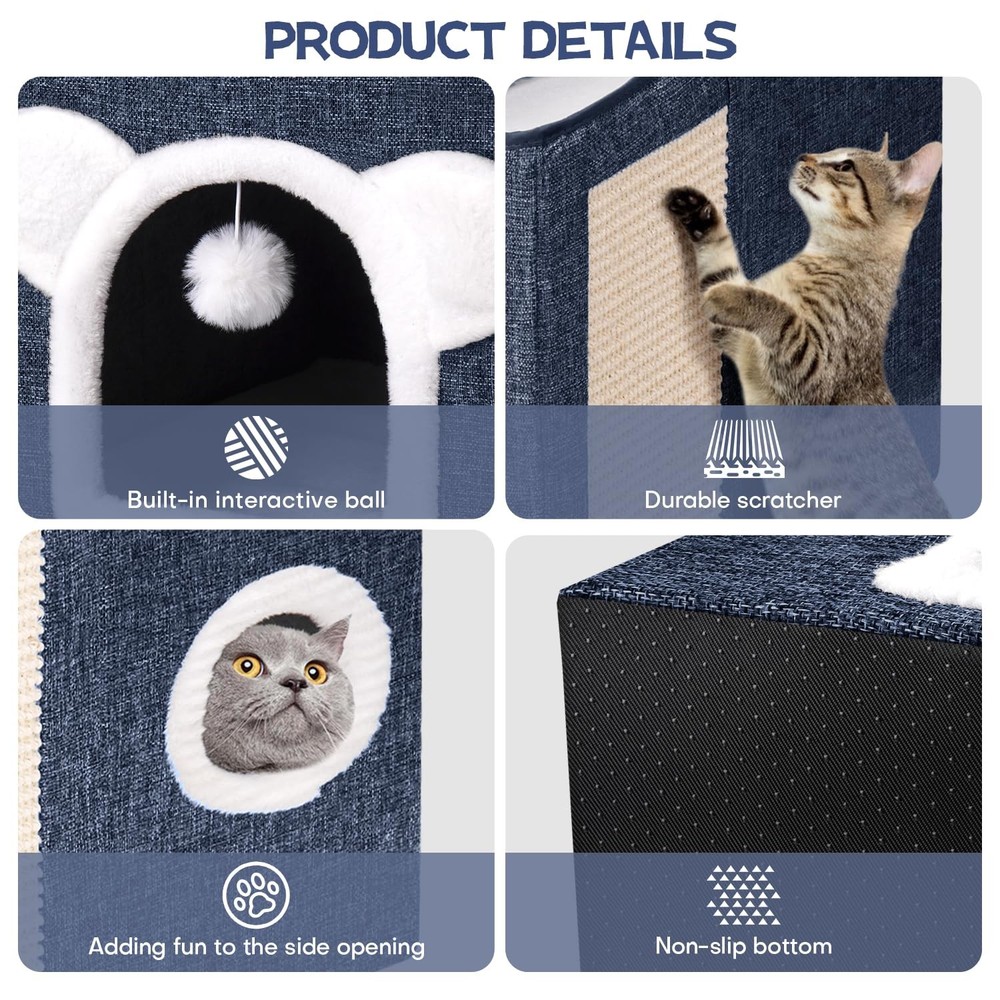 Cat Bed Large Foldable Cat Cave House with Scratch Pad - Indoor, Multi-Cat
