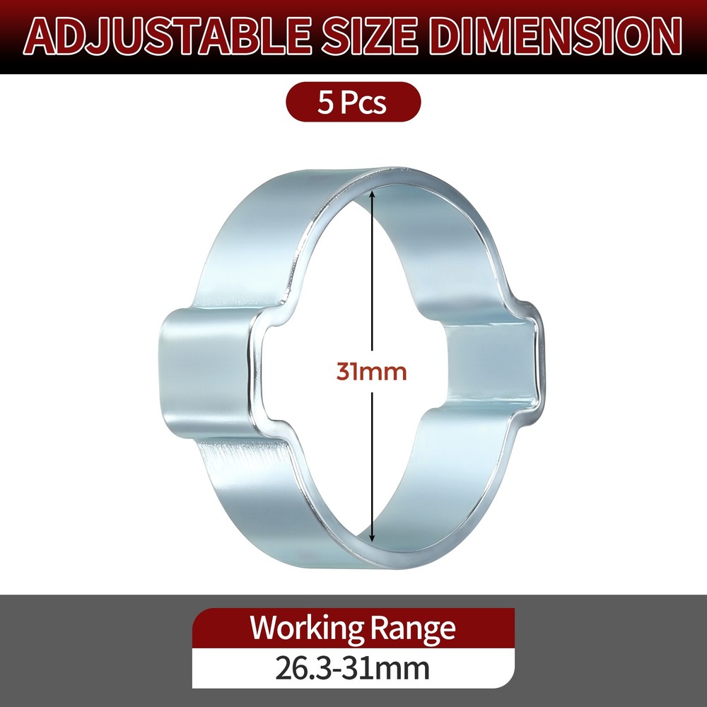 5 Pack Galvanizing Plate Double Ear Hose Clamps, Working Range 26.3-31mm