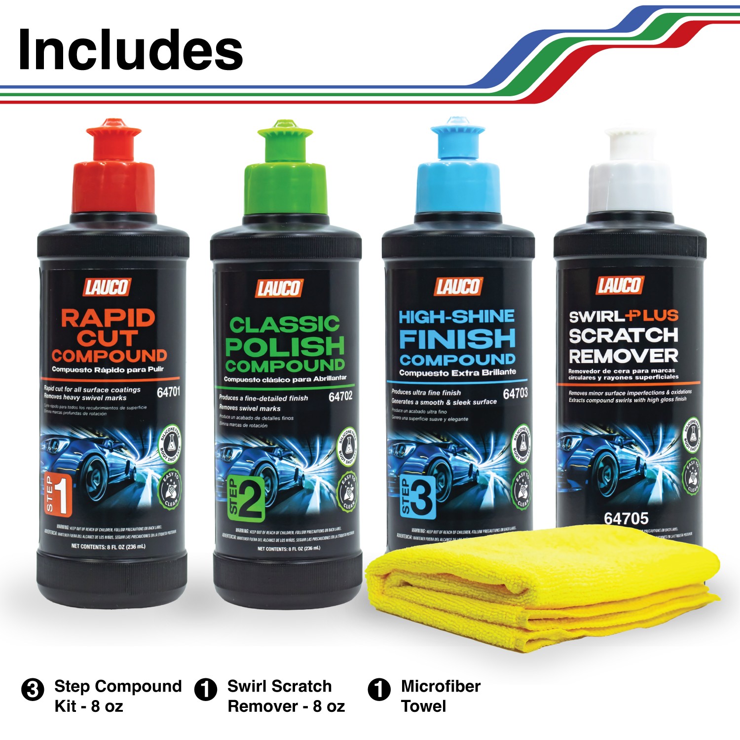 LAUCO Paint Correction Compounds Step 1, 2, 3 , Swirl Remover 8oz Kits