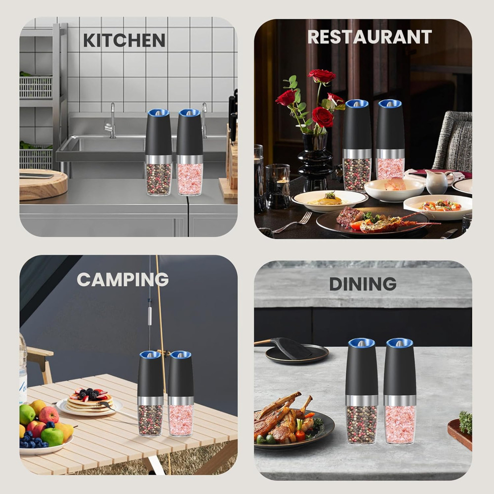 2 Pack Gravity Electric Salt and Pepper Grinder Mill Shaker Adjustable Automatic