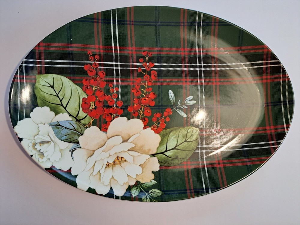 Williams Sonoma GREEN BOTANICAL PLAID Serving Platter