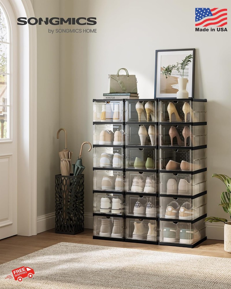 Songmics Foldable Shoe Boxes 18-Pack Stackable Storage Organizer with Clear Door